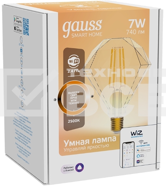 Лампа светодиодная филаментная Gauss Smart Home DIM E27 Diamond Golden 7 Вт 1/40