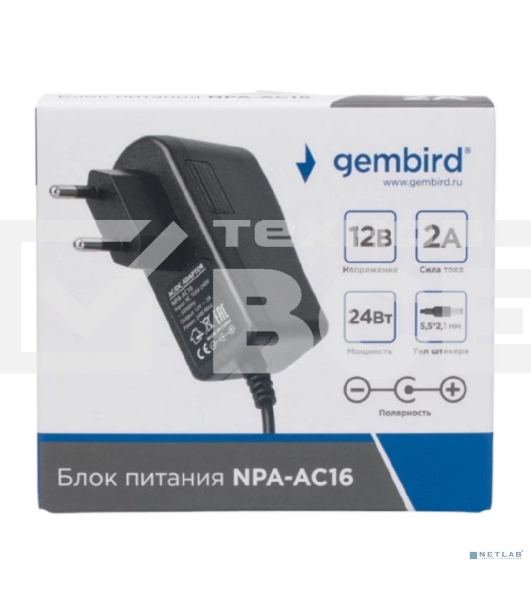 Блок питания узкий Gembird NPA-AC16, 12В/2А, 24Вт, 1 штекер 5,5х2,1мм