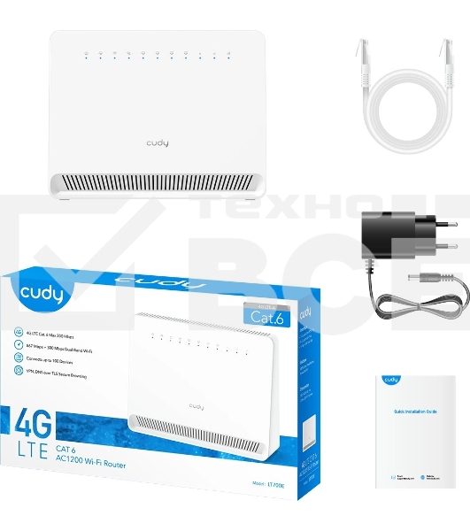 Маршрутизатор AC1200 Wi-Fi 4G LTE Cat 6 Gigabit Router, 4 10/100/1000M RJ45 Ports,  Nano SIM Slot, Quectel module inside,build-in 4G LTE modem, 300Mbps at 2.4GHz + 867Mbps at 5GHz, Internal Antennas,  PPTP/L2TP/OpenVPN/WireGuard VPN, DNS over Cloudflare/G