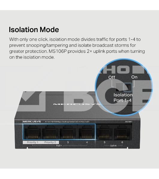 Коммутатор настольный Mercusys MS106P с 6 портами 10/100 Мбит/с (4 порта PoE+)
