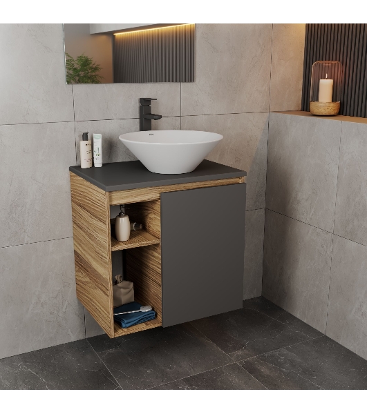 Тумба Bau Dream Blackwood 60 правая, графит, раковина BAU Dream D43, смеситель для раковины высокий Hotel Black, черный