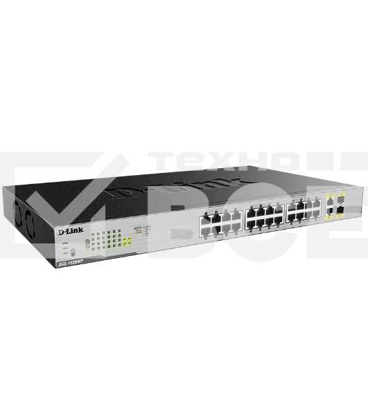 Неуправляемый коммутатор D-Link DGS-1026MP/A1A с 24 портами 10/100/1000Base-T, 2 комбо-портами 100/1000Base-T/SFP и функцией энергосбережения (24 порта с поддержкой PoE 802.3af/at (30 Вт))