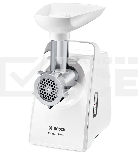 Мясорубка Bosch MFW3X13W CompactPower,2000Вт, 2,5 кг/мин, цвет: белый, механическая защ ита от перегрузки, 2 скор., реверс.Комплект: 2 диска для фарша, насадка для колбасок, насадка-терка (3 барабана)