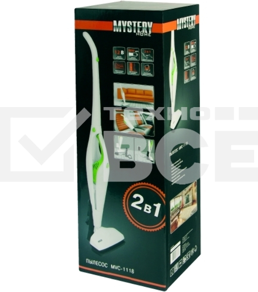 Пылесос вертикальный Mystery MVC-1118 белый/зеленый, питание от аккумулятора, 300 Вт, уборка сухая, пылесборник 0.5 л, работа от АКБ max 30 мин