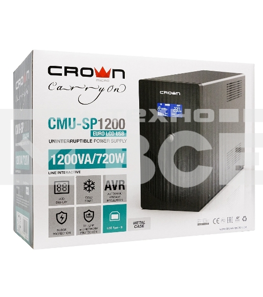 Источник бесперебойного питания CROWN Line Intractive CMU-SP1200EURO LCD USB, 1200VA\720W