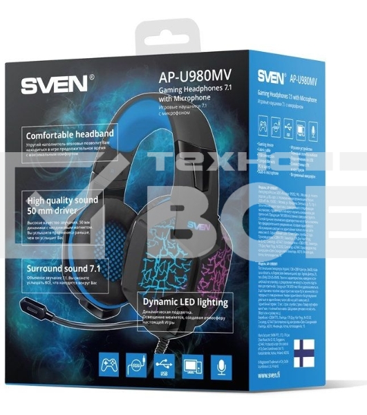 Гарнитура SVEN AP-U980MV, черный-синий (USB, LED, 7.1, 2.2m)