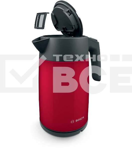 Чайник Bosch TWK7L464, 1.7л, 2400 Вт., нерж.сталь, покрытая эмалью, красный,шкала уровня воды