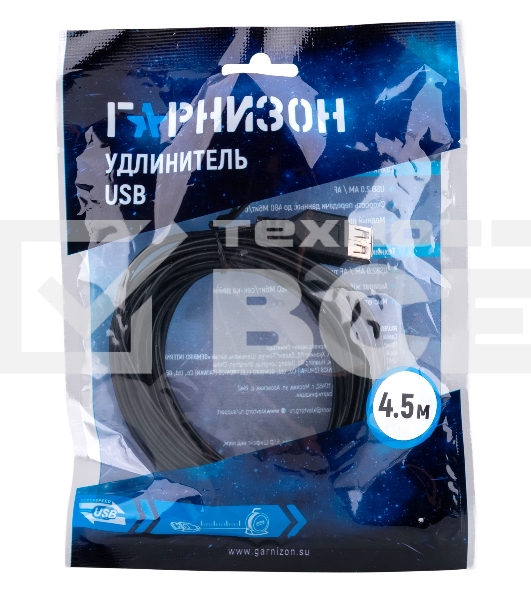 Кабель-удлинитель USB2.0 Гарнизон GCC-USB2-AMAF-4.5M, AM/AF, медь, 4.5м, черный, пакет