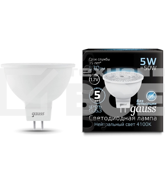 Лампа светодиодная Gauss Black 5Вт цок.:GU5.3 рефлектор 12B 4100K св.свеч.бел.ней. MR16 (упак.:10шт) (201505205)