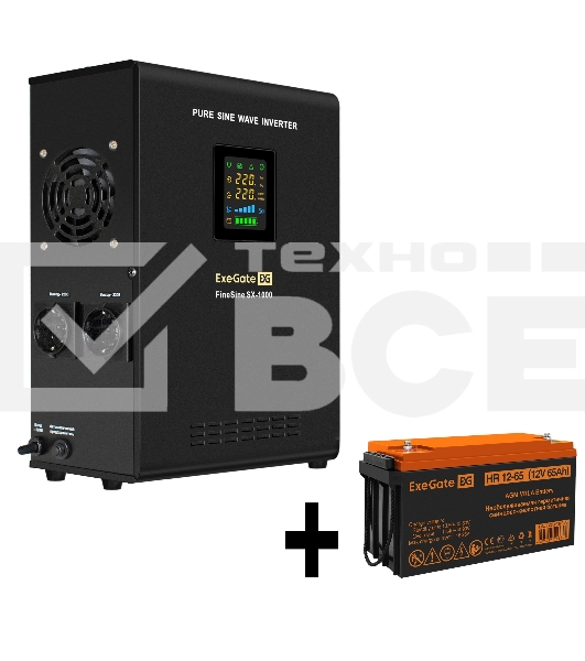 Комплект ИБП EX295997RUS + батарея 65Aч EX282982RUS 1шт (инвертор, синус, для котла, настенный) ExeGate FineSine SX-1000.LCD.AVR.2SH <1000VA/600W, чистая синусоида, цветной LCD-дисплей, AVR, 2*Schuko, линейно-интерактивный, крепление настенное/универсальн