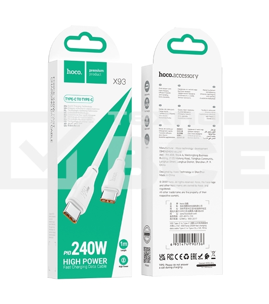 Кабель USB2.0 Hoco Type-C/Type-C, 5А, 240Вт, X93, 1м, белый, коробка