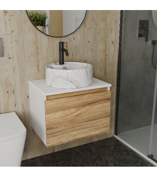 Комплект: тумба Bau Dream Blackwood 60, 1 ящик, Раковина круглая накладная BAU Element D41, мрамор, смеситель Hotel Dream Black, черный матовый