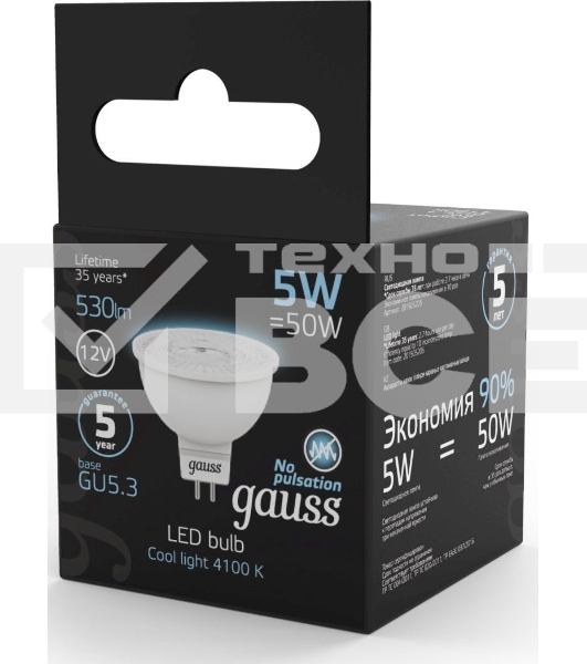 Лампа светодиодная Gauss Black 5Вт цок.:GU5.3 рефлектор 12B 4100K св.свеч.бел.ней. MR16 (упак.:10шт) (201505205)