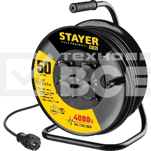 Удлинитель силовой Stayer 55076-50 3x2.5кв.мм 4розет. 50м КГ катушка черный