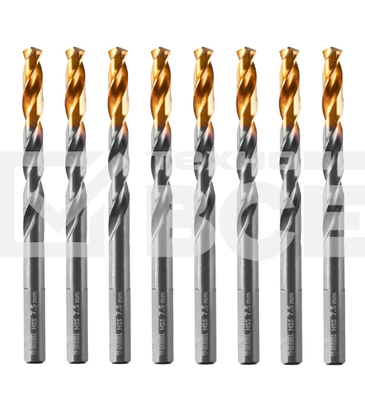 Сверло по металлу, 7,5 мм, HSS-Tin, Golden Tip, 8 шт. Denzel