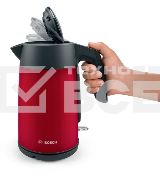 Чайник Bosch TWK7L464, 1.7л, 2400 Вт., нерж.сталь, покрытая эмалью, красный,шкала уровня воды