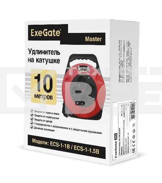 Удлинитель на катушке ExeGate EX286336RUS Master ECS-1-1B (4 евророзетки с заземлением, 10м, защита от детей, защита от перегрузки, 3х1,0мм2, 10А/2.2кВт)