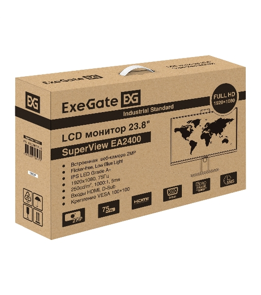 Монитор 23.8' ExeGate SuperView EA2400 IPS 1920x1080, 75 Гц, 5 мс, 16:9, 250 кд/м², HDMI 1.4, VGA, веб-камера (2 Мп), 3.5 мм, черный