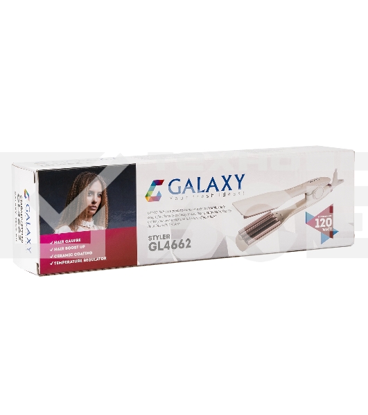 Стайлер Galaxy Line GL 4662, бежевый, 120 Вт, нагревательный элемент с защитой от перегрева, регулятор температуры (140-220°C), автоотключение через 1 час работы, керамическое покрытие рабочих поверхностей, длина шнура питания 180 см, подвесная петля