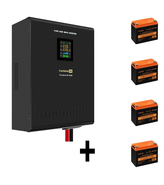 Комплект источника бесперебойного питания Exegate EX296004RUS + батарея 33Aч EX285664RUS 4шт (инвертор, синус, для котла, настенный) ExeGate FineSine SX-5000.LCD.AVR.2SH.T <5000VA/3500W, чистая синусоида, цветной LCD-дисплей, AVR, 2*Schuko+клеммы, линейно-интерактивный, крепление настенное, Black> + батарея ExeGate HRL 12-33 (12В, 33Ач) 4шт