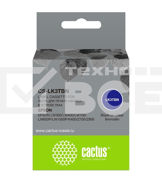 Картридж ленточный Cactus CS-LK3TBN черный шрифт, прозрачный фон (9 мм, 9 м) для Epson LW300/LW400/LW700/LW600P/LW1000P/K400/Z700/Z900