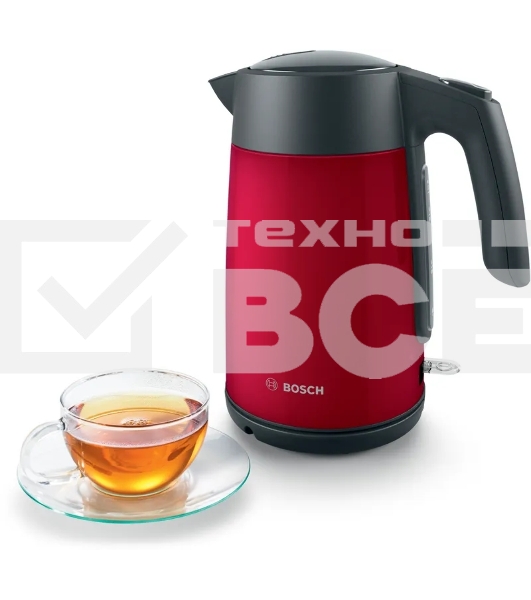 Чайник Bosch TWK7L464, 1.7л, 2400 Вт., нерж.сталь, покрытая эмалью, красный,шкала уровня воды
