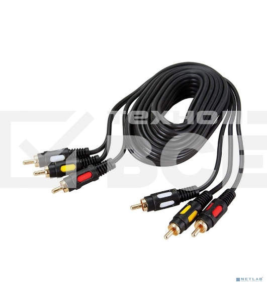 Шнур 3 RCA - 3 RCA, длина 5 метров, черный (GOLD) Rexant