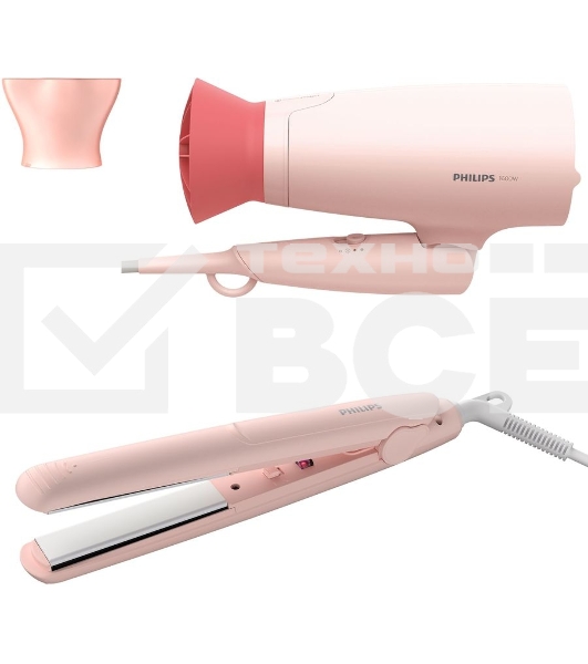Прибор для укладки волос Philips набор фен + выпрямитель. Цвет розовый