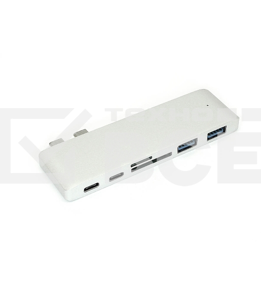 Адаптер сдвоенный Type C на USB 3.0*2 + Type C* 2 + SD/TF для MacBook, серебристый