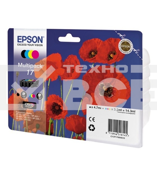Картридж струйный Epson C13T17064A10 черный/голубой/пурпурный/желтый набор карт. для Epson XP33/203/303