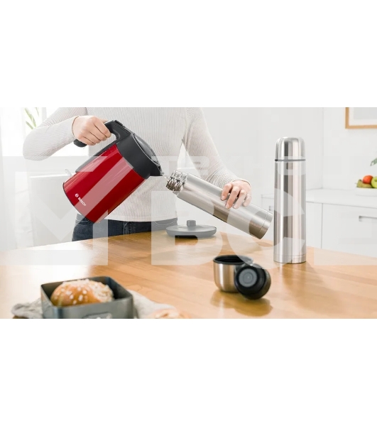 Чайник Bosch TWK7L464, 1.7л, 2400 Вт., нерж.сталь, покрытая эмалью, красный,шкала уровня воды