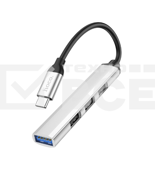 Разветвитель USB3.0/2.0 Hoco HB26, 3xUSB2.0, USB3.0, кабель Type-С 13см, серебристый алюминий