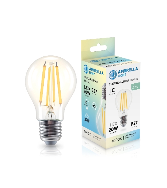 Лампа светодиодная 602014 Filament LED A60 20W IC E27 4000K 220-240V
