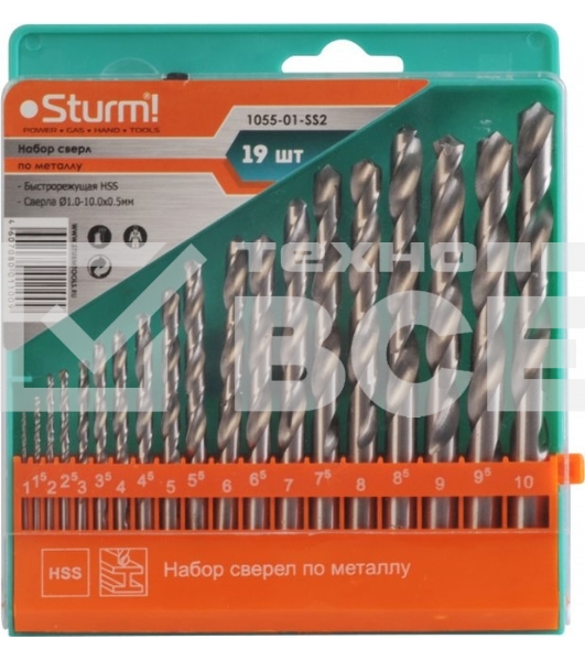 Набор сверл Sturm! 1055-01-SS219шт. 1; 1.5; 2.5; 3; 3.5; 4; 4.5; 5; 5.5; 6; 6.5; 7; 7.5; 8; 8.5; 9