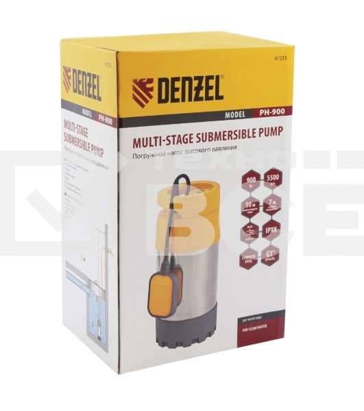 Погружной насос высокого давления PH900, подъем 30м, 900 Вт, 5500 л/ч Denzel