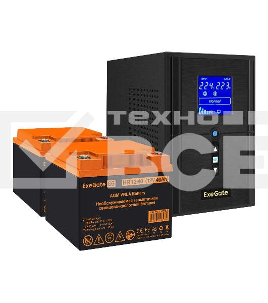 Комплект источника бесперебойного питания Exegate EX295987RUS + батарея 40Aч EX282979RUS 2шт (инвертор, синус, для котла) ExeGate SineTower SZ-1000.LCD.AVR.2SH.1C13.USB <1000VA/800W, чистый синусоида, LCD дисплей, AVR, 2*Schuko+1*C13, USB, линейно-интерактивный, черный> + батарея ExeGate HR 12-40 (12В, 40Ач) 2шт