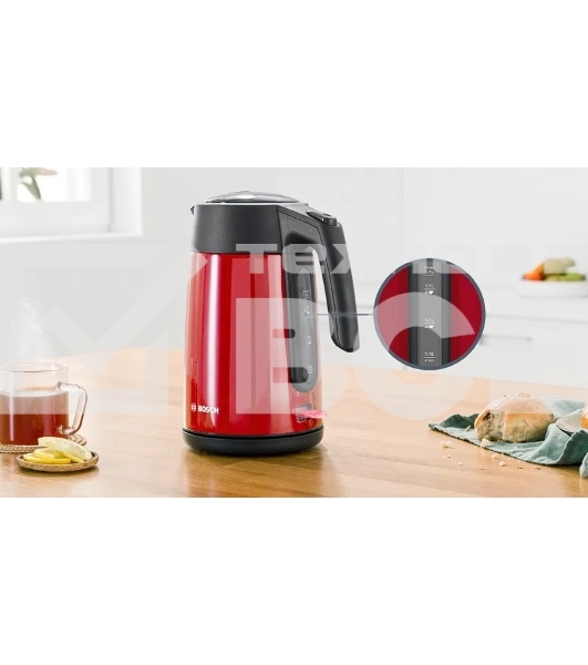 Чайник Bosch TWK7L464, 1.7л, 2400 Вт., нерж.сталь, покрытая эмалью, красный,шкала уровня воды