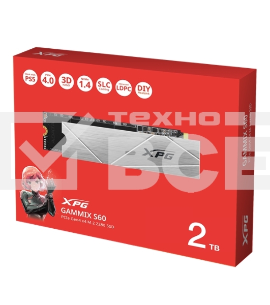 Накопитель SSD ADATA XPG GAMMIX S60, 2Tb, PCIe 4.0 x4, M.2 2280, NVMe, R/W 5000/4200, с радиатором