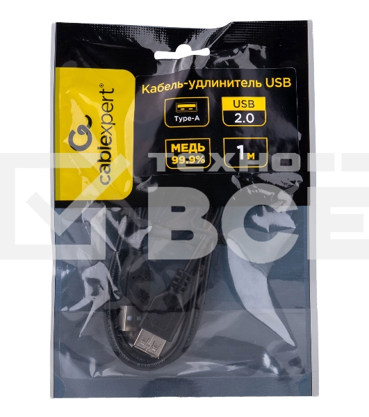 Кабель-удлинитель USB2.0 Cablexpert CCP-USB2-AMAF-1M, AM/AF, медь, двойн.экран, Pro, 1м, черный, пакет