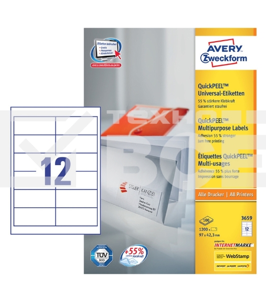 Этикетки самоклеящиеся Avery Zweckform 3659 A4, 97x42.3 мм, 12 шт, универсальная, 70 г/м2, 100 л, покрытие матовое, белый