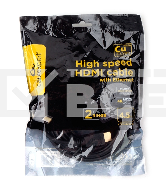 Кабель HDMI Cablexpert CCF2-HDMI4-15, 19M/19M, v2.0, медь, позол.разъем, экран, 2 фер.кольца, 4.5м, черный, пакет