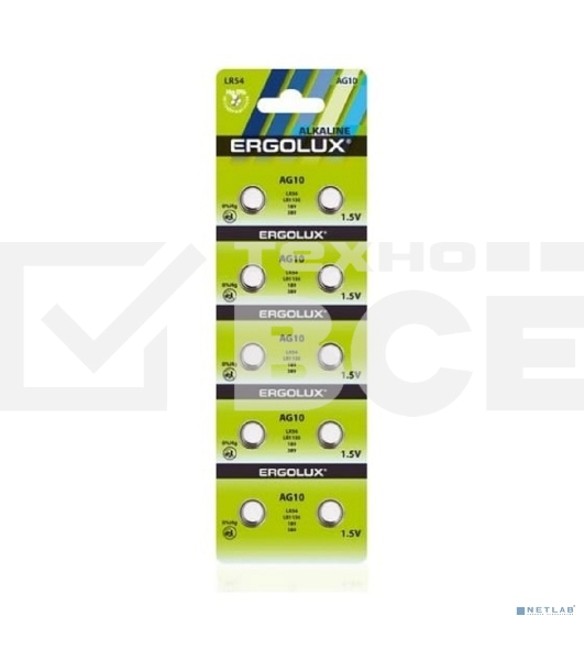 Батарейка для часов Ergolux AG10 BL-10 (AG10-BP10, LR54/LR1130/189/389)(10 шт. в уп-ке)