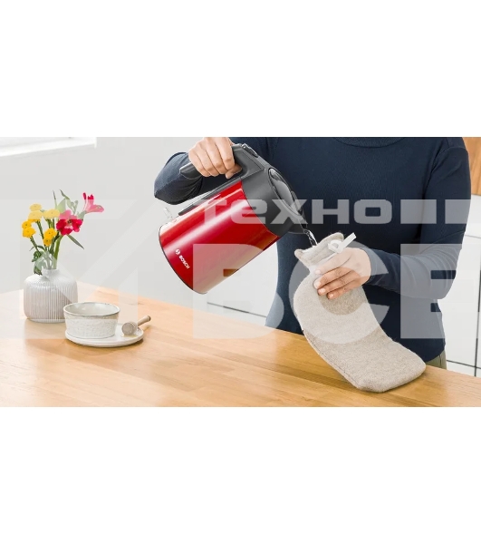 Чайник Bosch TWK7L464, 1.7л, 2400 Вт., нерж.сталь, покрытая эмалью, красный,шкала уровня воды