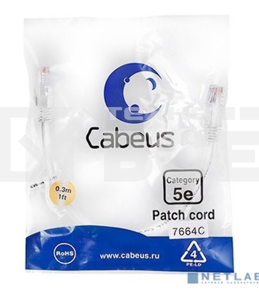 Шнур комм. Cabeus, Cat.5e, неэкр., U/UTP, RJ45/RJ45, PVC, AWG24, 0.3м, белый