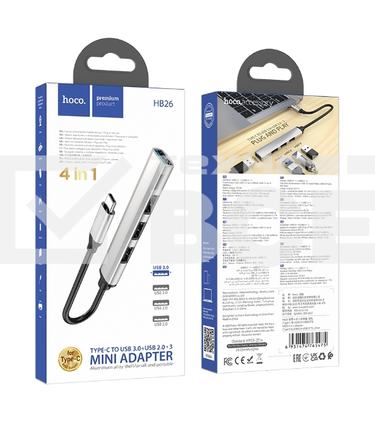 Разветвитель USB3.0/2.0 Hoco HB26, 3xUSB2.0, USB3.0, кабель Type-С 13см, серебристый алюминий
