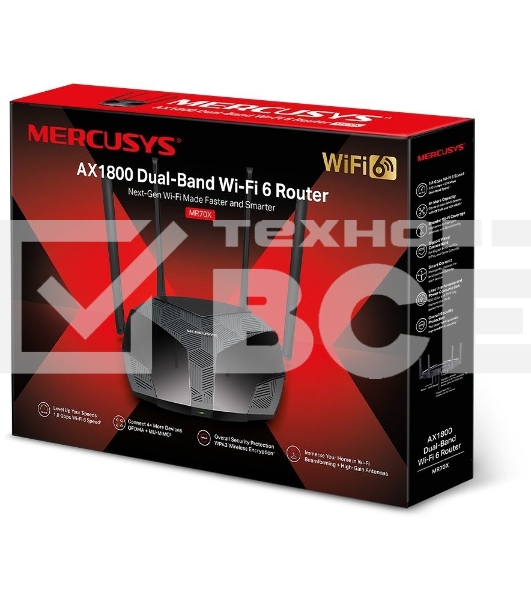 Роутер Mercusys MR70X AX1800 Dual-Band WiFi 6 Router, 574 Mbps at 2.4 GHz + 1201 Mbps at 5 GHz,4× Fixed External Antennas, 3× Gigabit LAN Ports, 1× Gigabit WAN Port, 1024-QAM, OFDMA, Router/Access Point Mode, MU-MIMO, WPA3, TWT, BSS Color