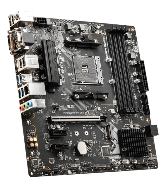 Материнская плата MSI PRO B550M-P GEN3, AM4, AMD B550, 4xDDR4, 4xSATA, 1xM.2, 1xPCI-E 3.0 x16, 2xPCI-E 3.0 x1, 1xDVI-D, 1xHDMI, 1xVGA, 1x1Gb LAN, 4xUSB 2.0, 4xUSB 3.2 Gen 1, 3x3.5 мм, 7.1, Micro-ATX