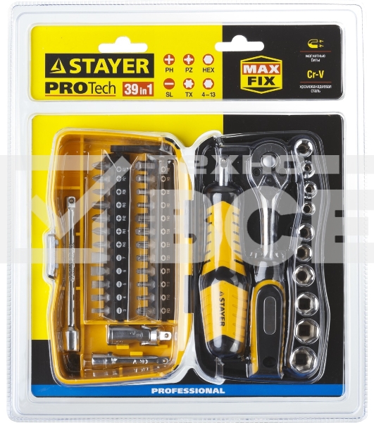 Биты и торцовые головки с трещоткой и воротком 39шт STAYER PROFI 25135-H39