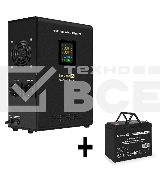 Комплект ИБП EX295997RUS + батарея 75Aч EX282983RUS 1шт (инвертор, синус, для котла, настенный) ExeGate FineSine SX-1000.LCD.AVR.2SH <1000VA/600W, чистая синусоида, цветной LCD-дисплей, AVR, 2*Schuko, линейно-интерактивный, крепление настенное/универсальн
