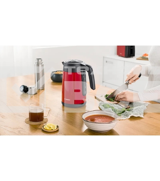 Чайник Bosch TWK7L464, 1.7л, 2400 Вт., нерж.сталь, покрытая эмалью, красный,шкала уровня воды